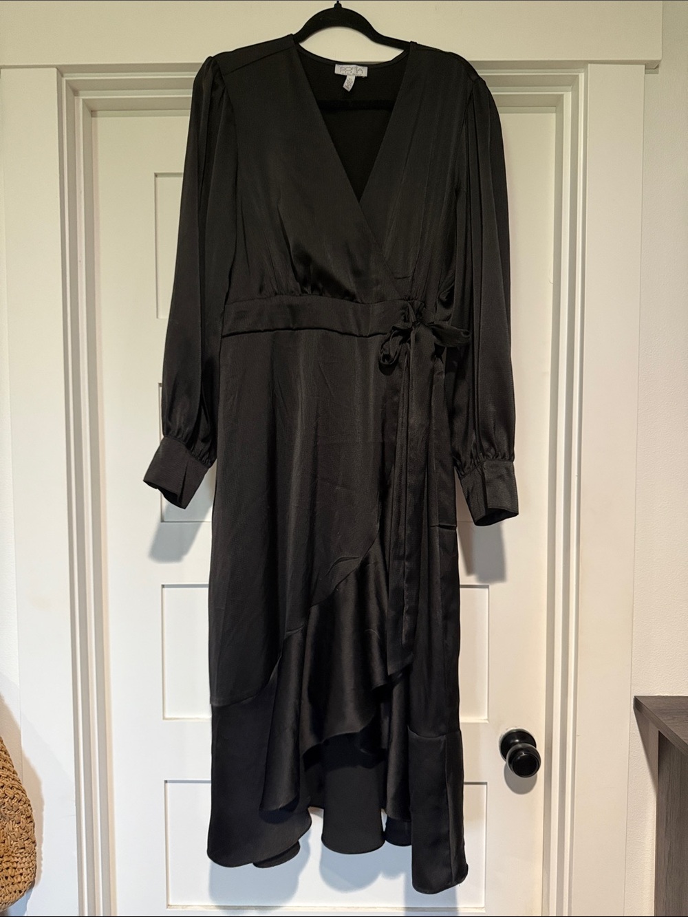 sofia by sofia vergara Black Satin Wrap Midi Dress